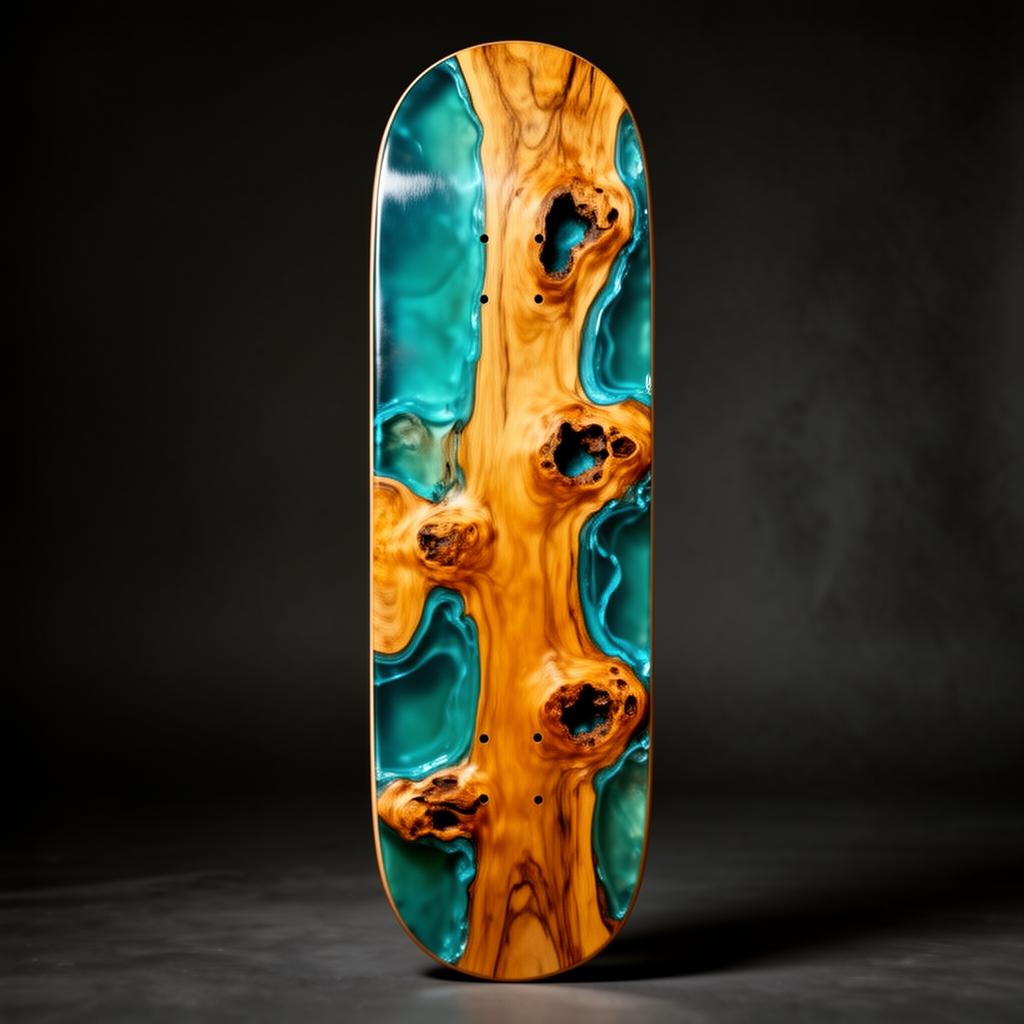 Fossil live-edge oak and blue resin skateboard — view 1