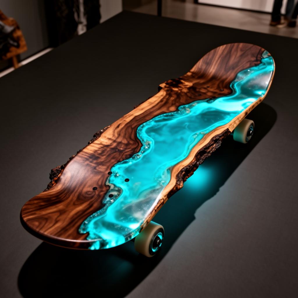 Driftwood dark walnut skateboard with cyan resin river — view 1