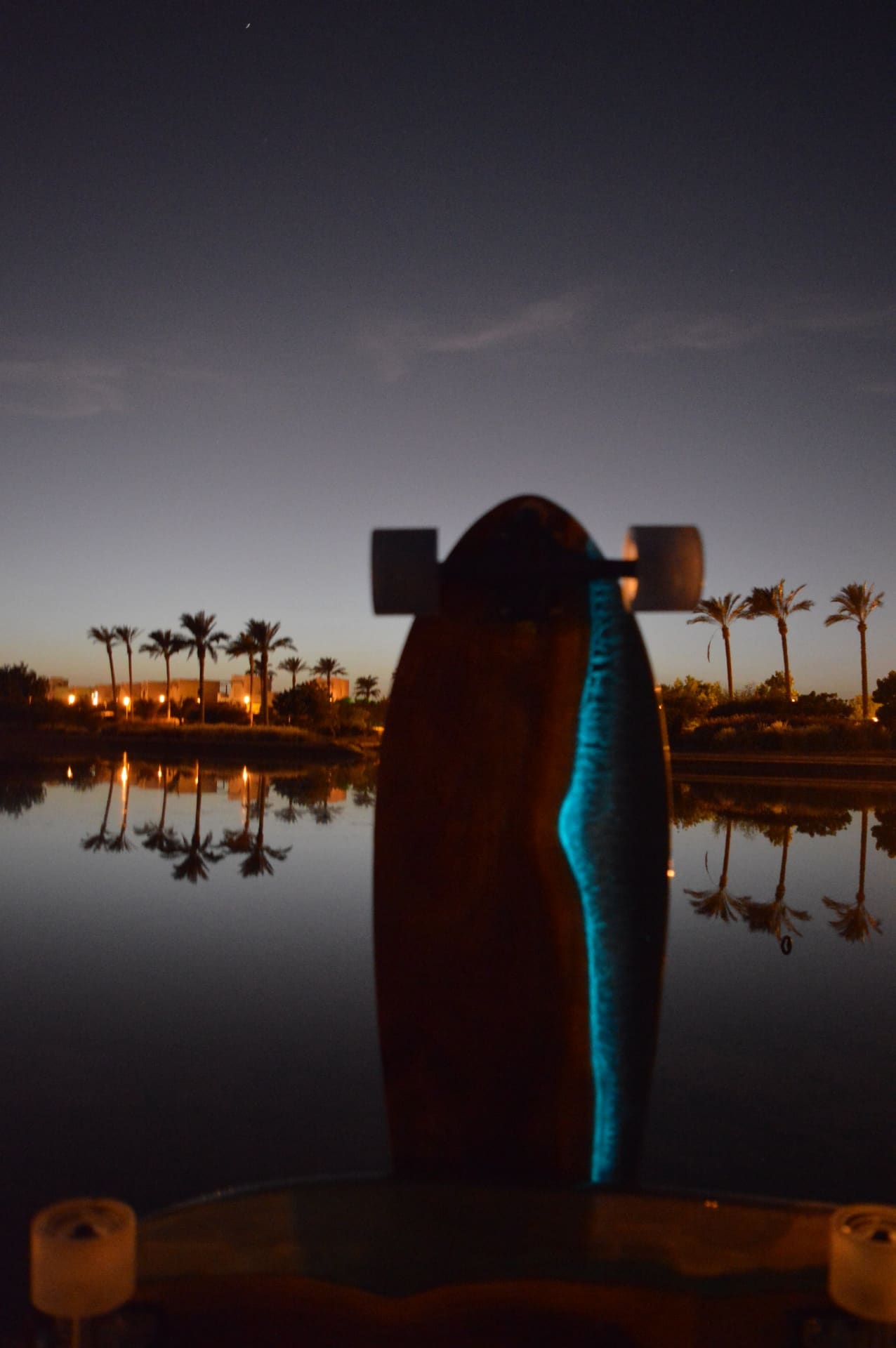 Noctiluca Wave longboard glowing by water with palm reflections at night