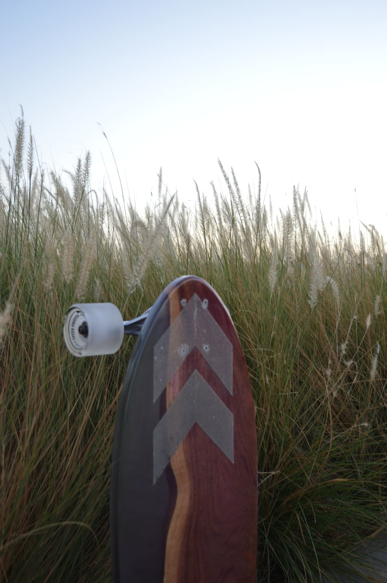 One of None longboard photographed outdoors among tall grass