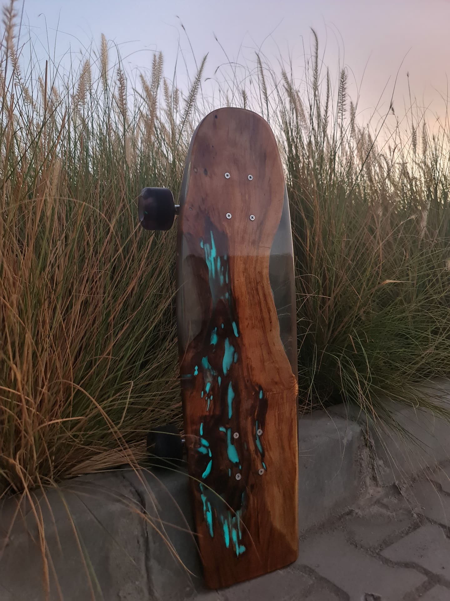 Glow Current handmade wood and glowing cyan resin artwork longboard — view 6
