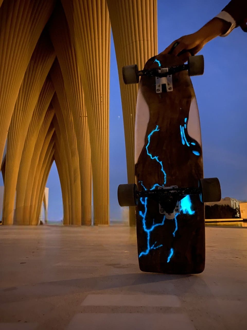 Glow Current handmade wood and glowing cyan resin artwork longboard — view 7