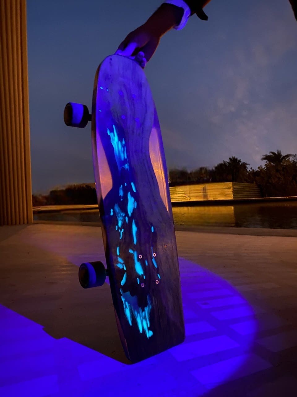 Glow Current handmade wood and glowing cyan resin artwork longboard — view 8