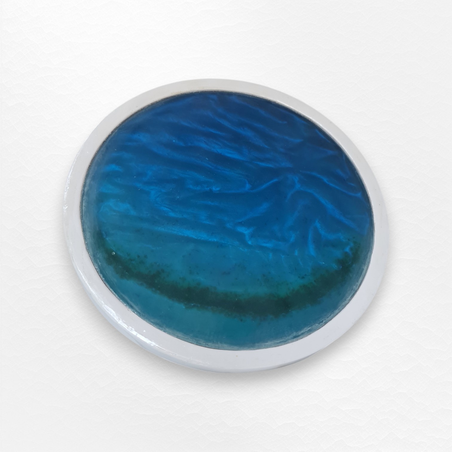 Glow Tide 40 cm round side table with cyan and green phosphorescent resin glowing in the dark — view 5