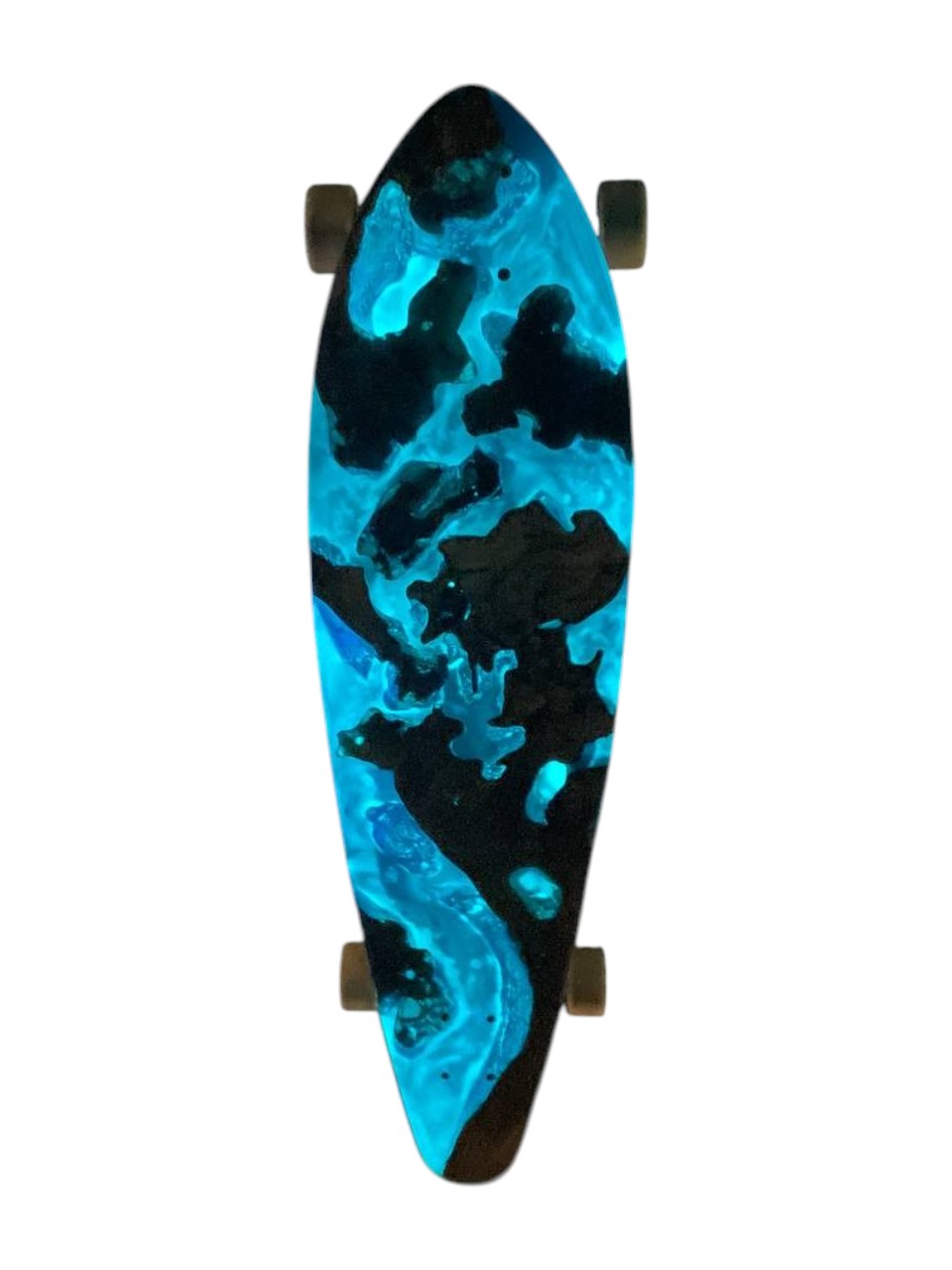 Lunar Drift handmade glowing blue resin and wood artwork longboard — view 3