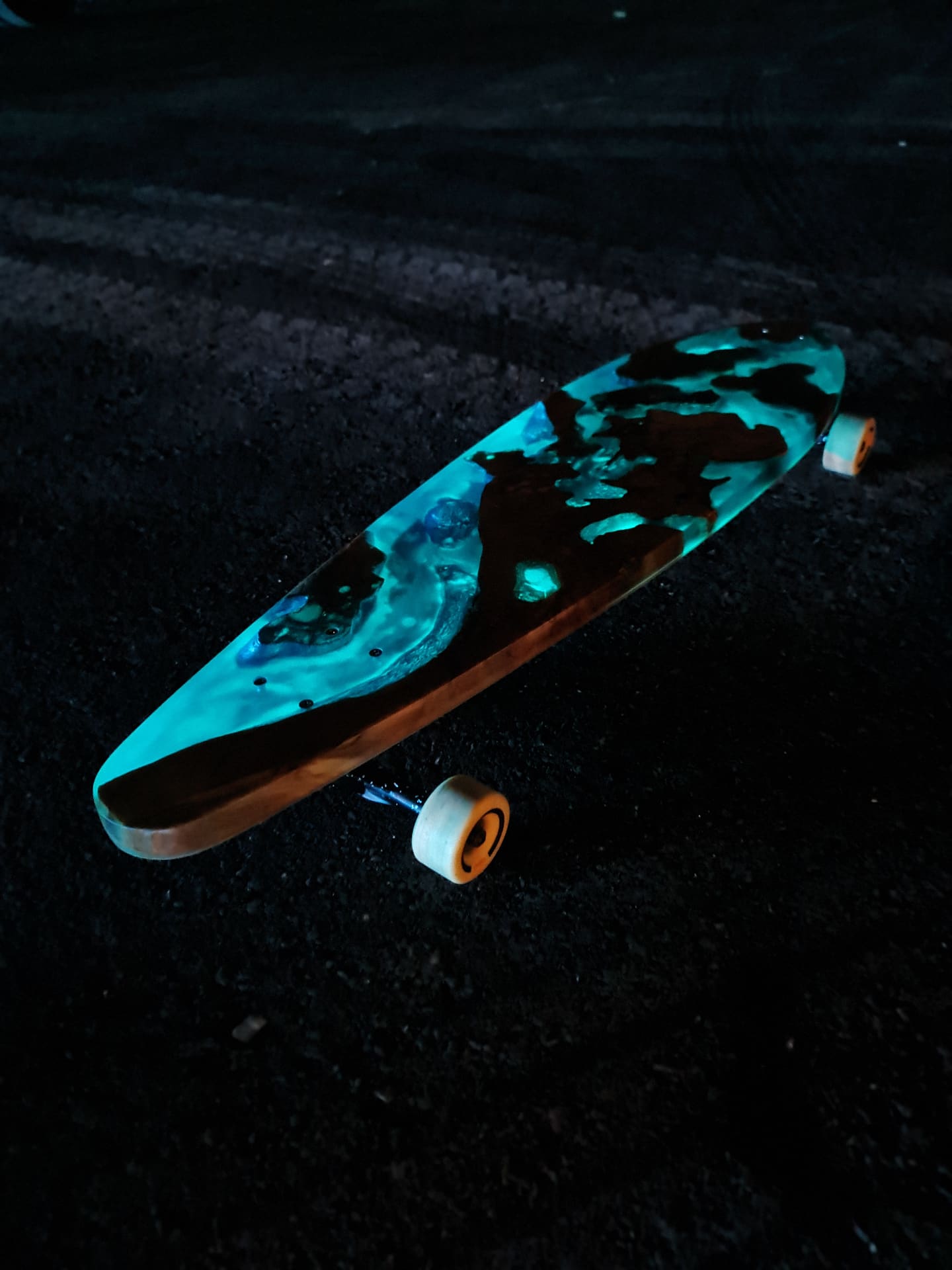 Lunar Drift handmade glowing blue resin and wood artwork longboard — view 2