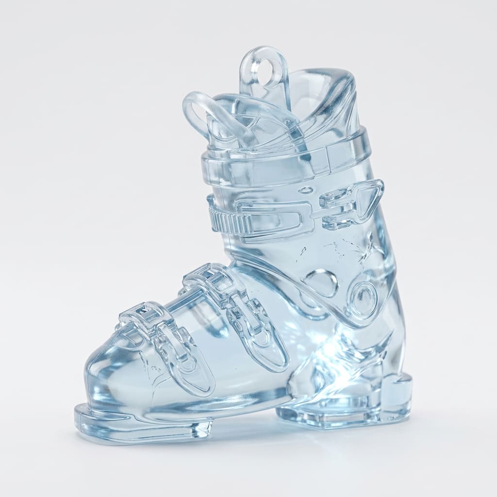 Translucent resin ski boot miniature keychain that clips into mini ski bindings — view 1