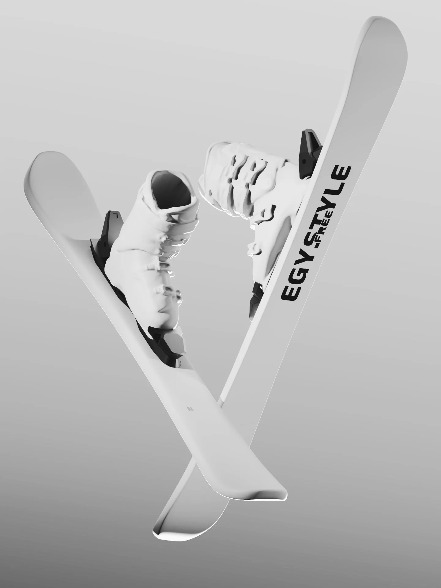 Freestyle Skis miniature white twin-tip keychain pair with micro bindings that clip the Ski Boot in — view 1