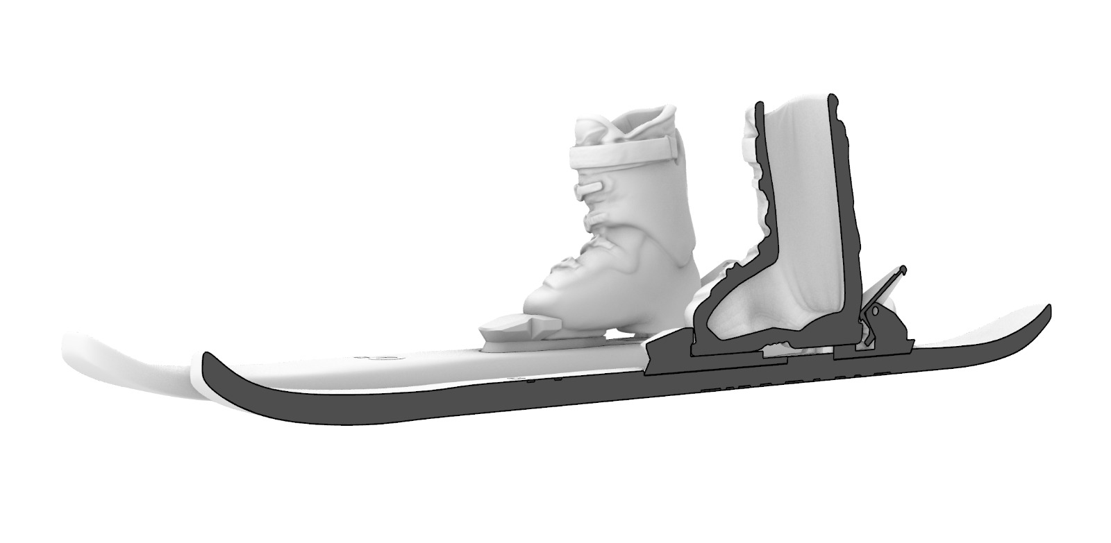 Freestyle Skis miniature white twin-tip keychain pair with micro bindings that clip the Ski Boot in — view 2