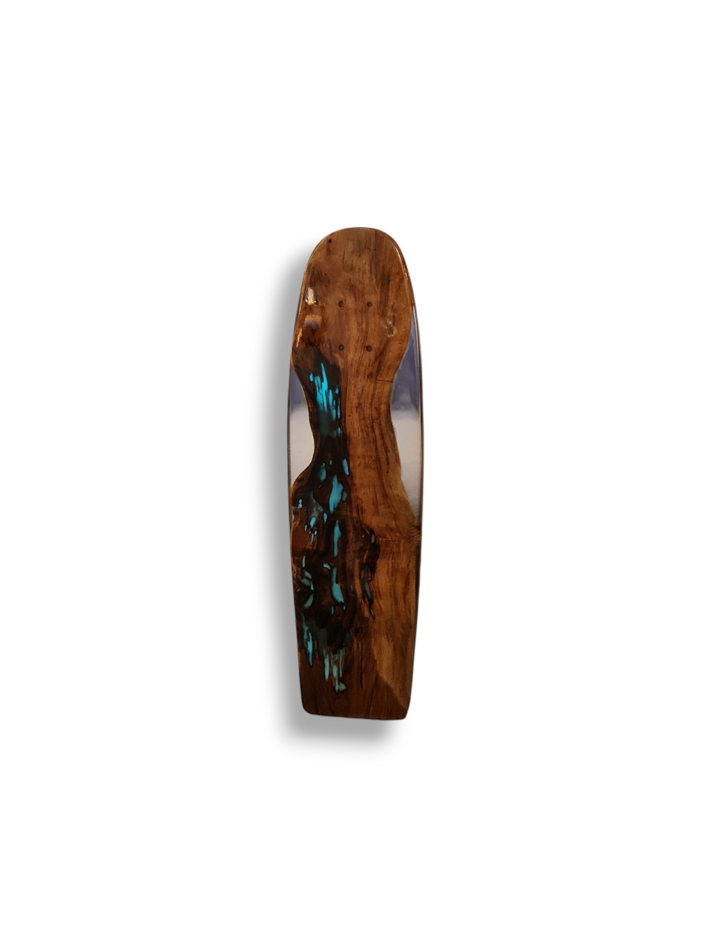 Glow Current handmade wood and glowing cyan resin artwork longboard — view 2