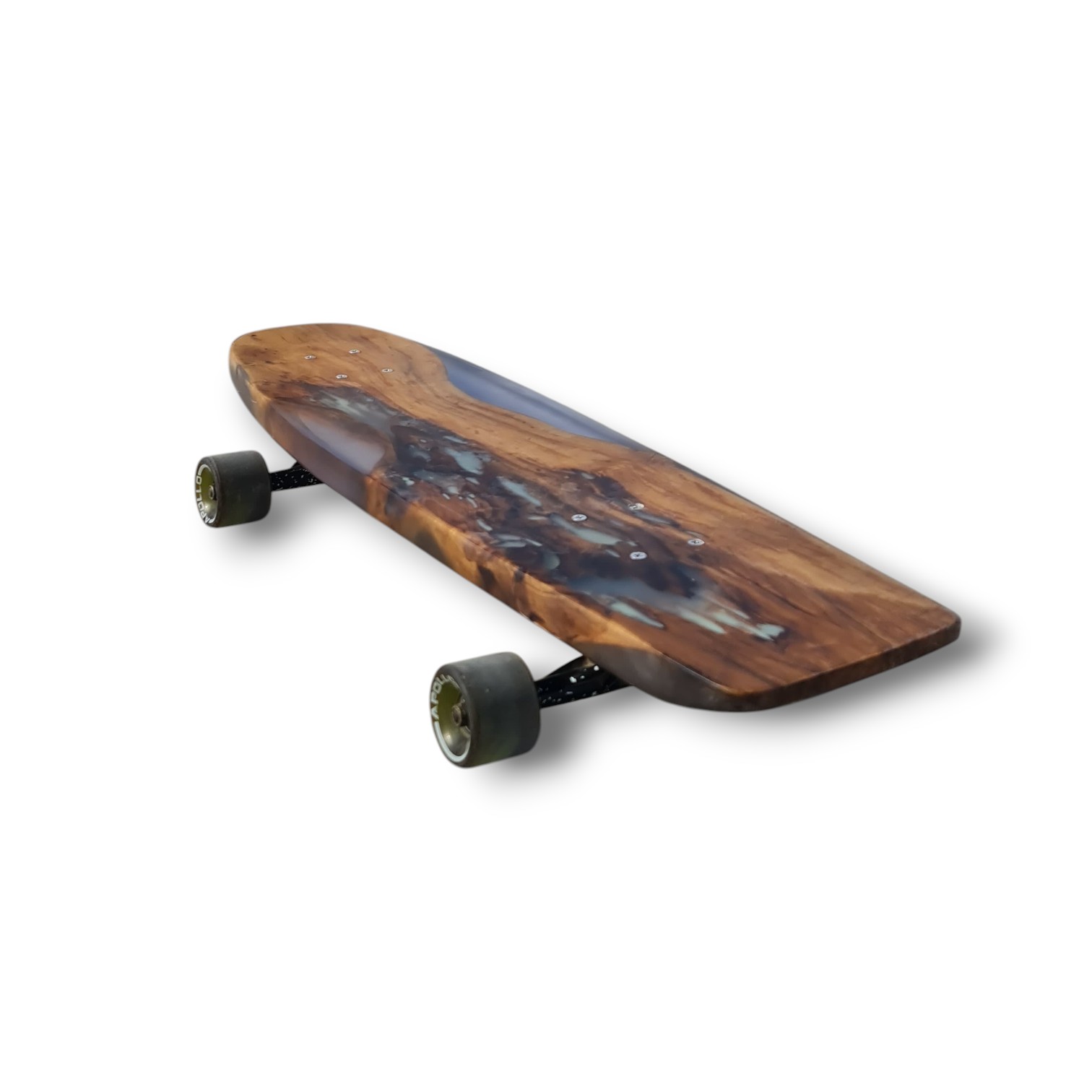 Glow Current handmade wood and glowing cyan resin artwork longboard — view 3