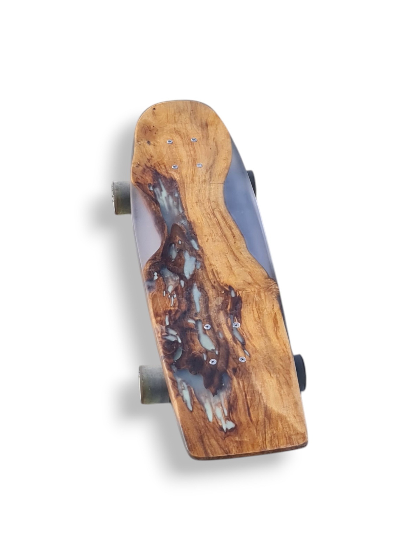 Glow Current handmade wood and glowing cyan resin artwork longboard — view 4