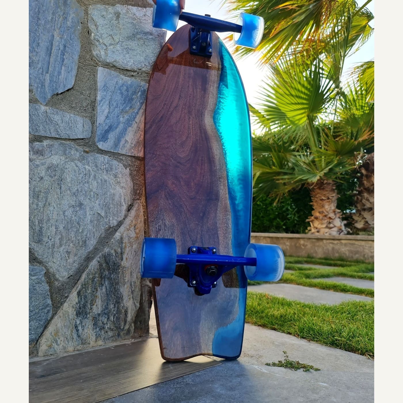 Noctiluca Wave handmade longboard with glowing cyan resin inspired by sea waves at night — view 4