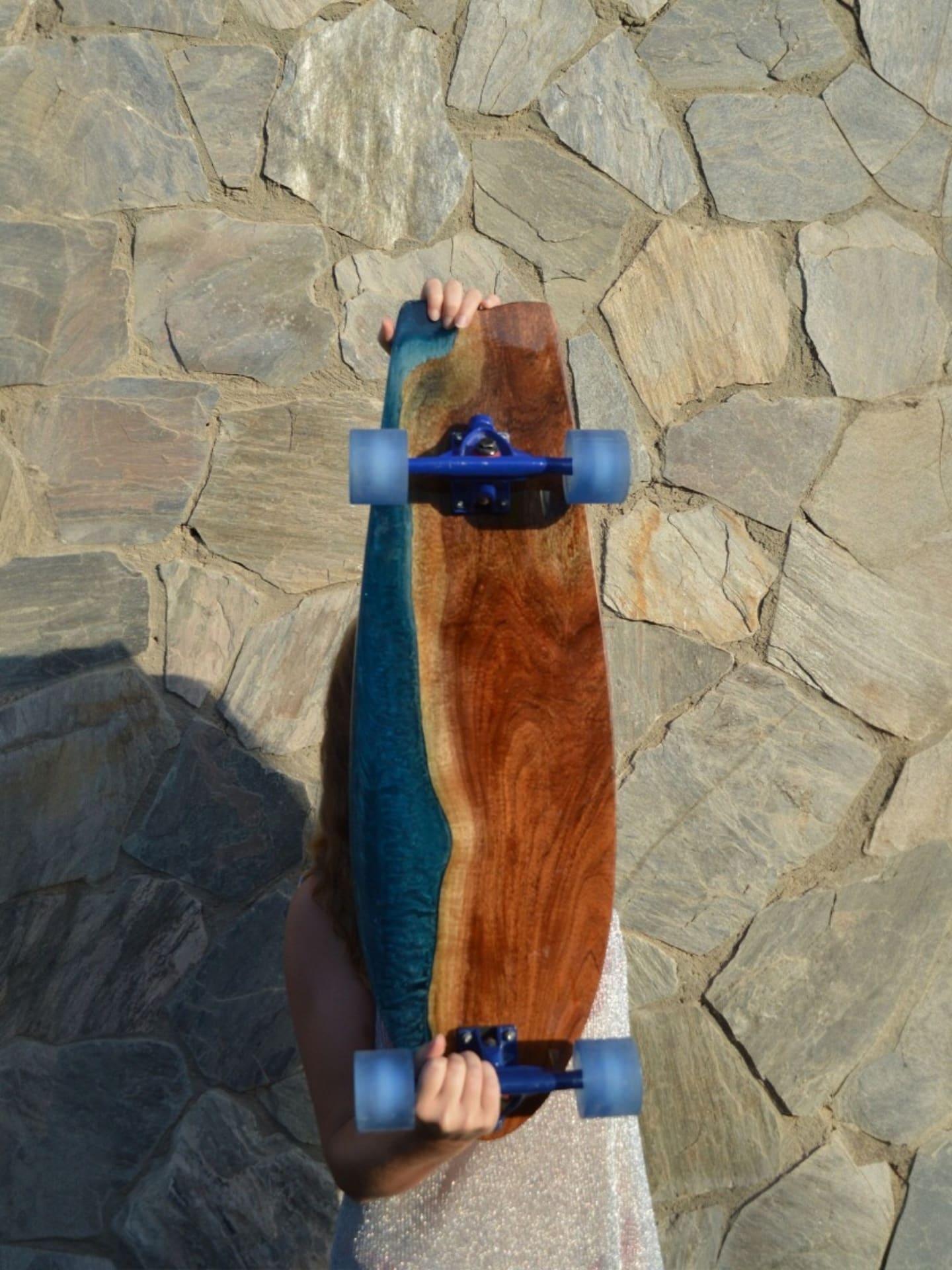 Noctiluca Wave handmade longboard with glowing cyan resin inspired by sea waves at night — view 6