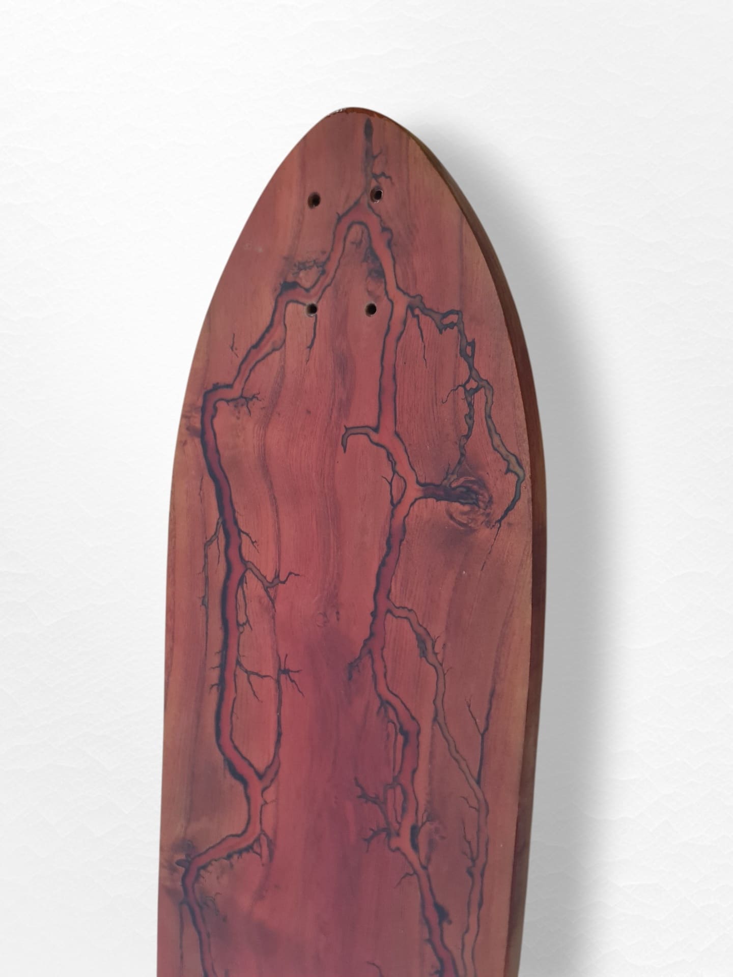 Thunder Rift handmade longboard with black lightning resin channels in pale wood — view 2