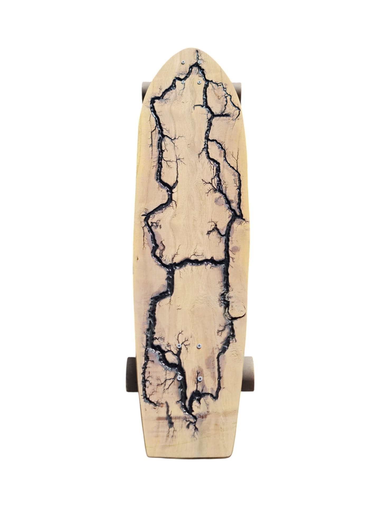 Thunder Rift handmade longboard with black lightning resin channels in pale wood — view 6