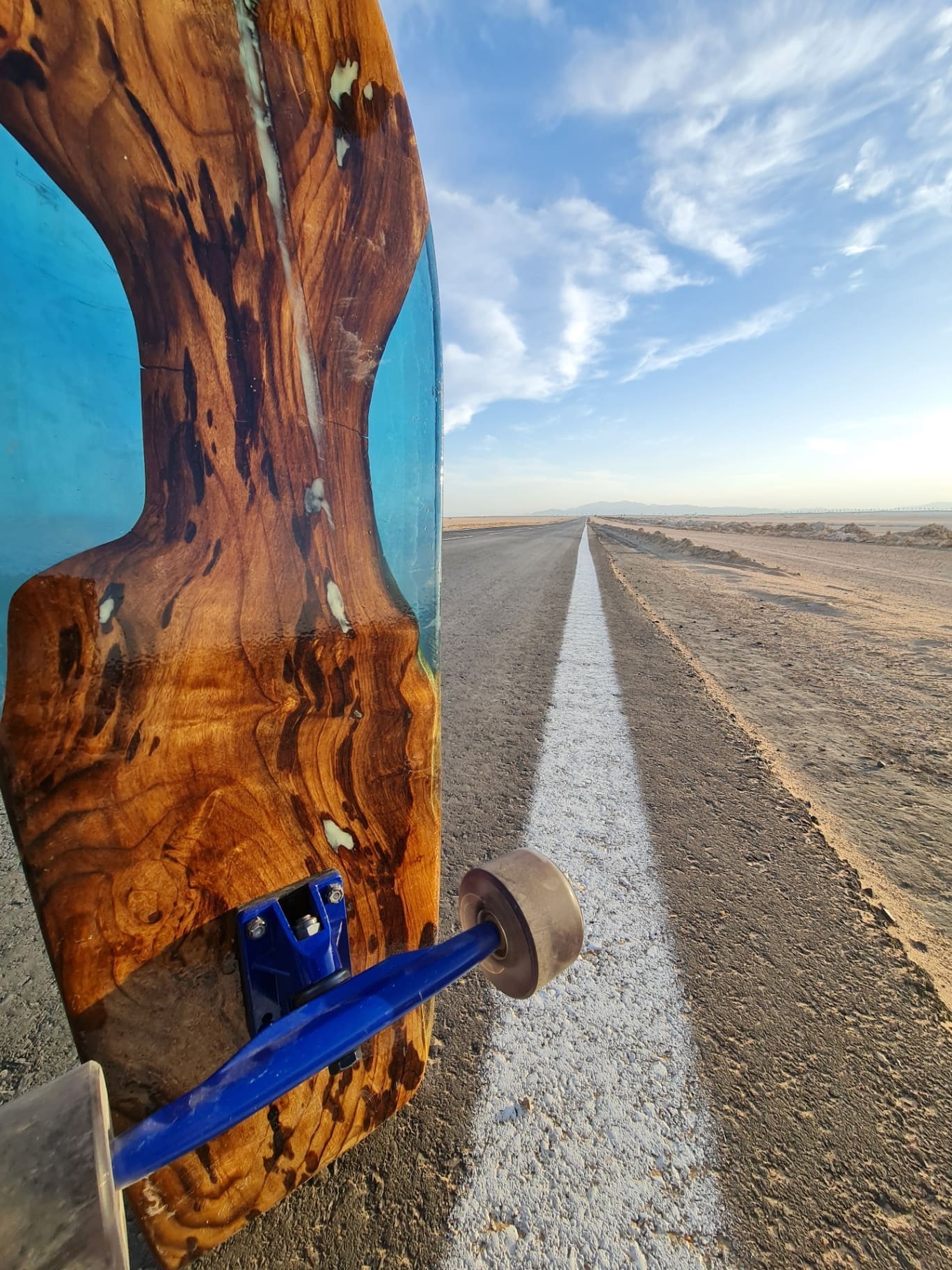 Tide Runner handmade wood and cyan resin artwork longboard — view 1