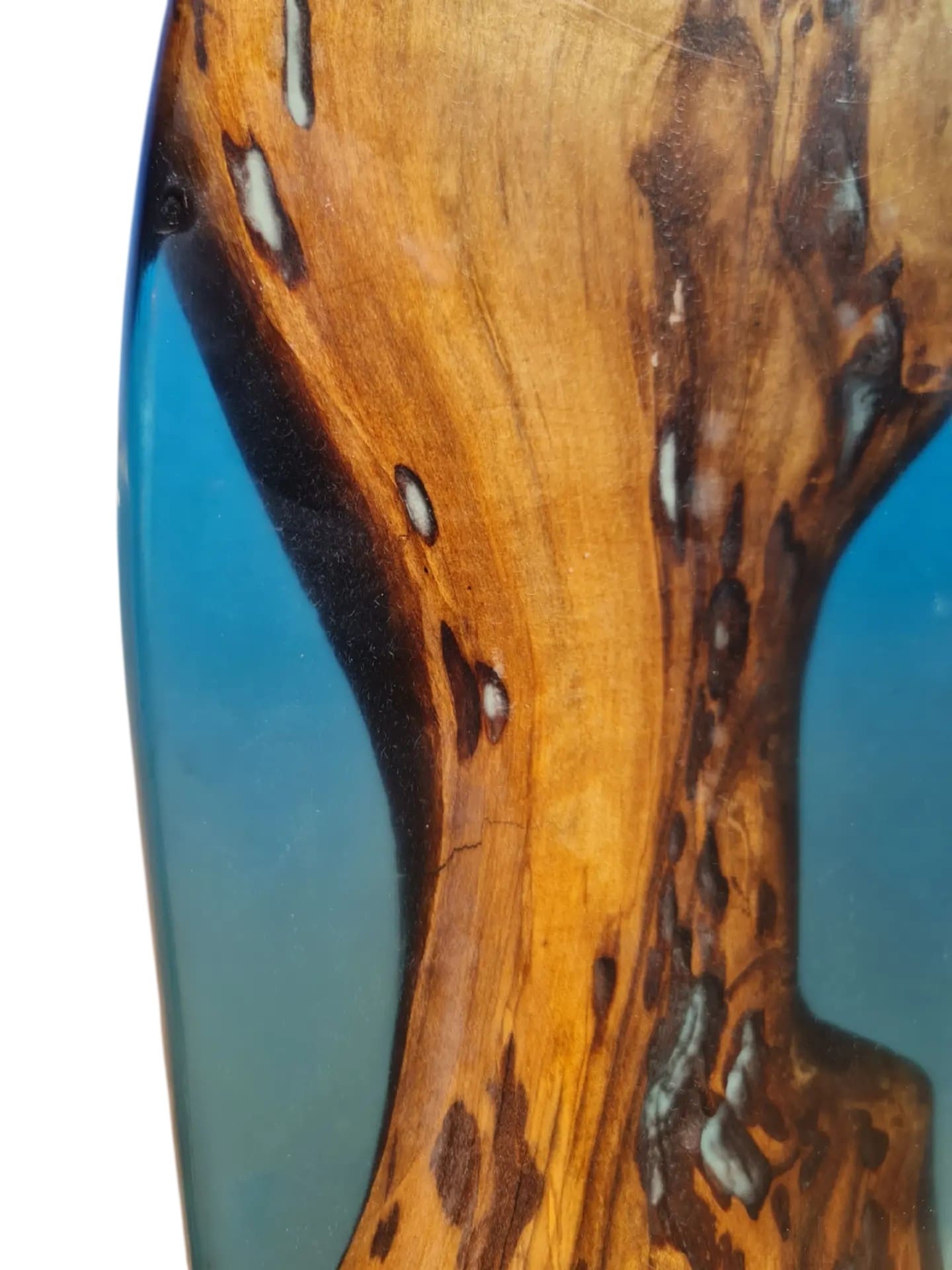 Tide Runner handmade wood and cyan resin artwork longboard — view 4
